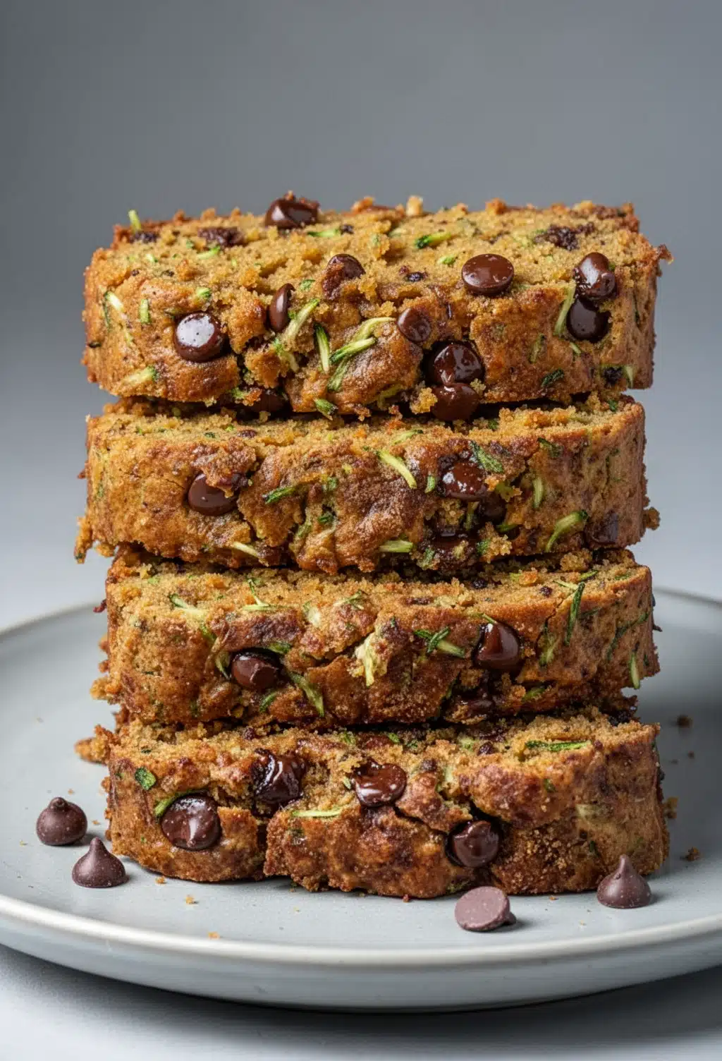 Moist Ina Garten zucchini bread with chocolate chips, sliced and stacked