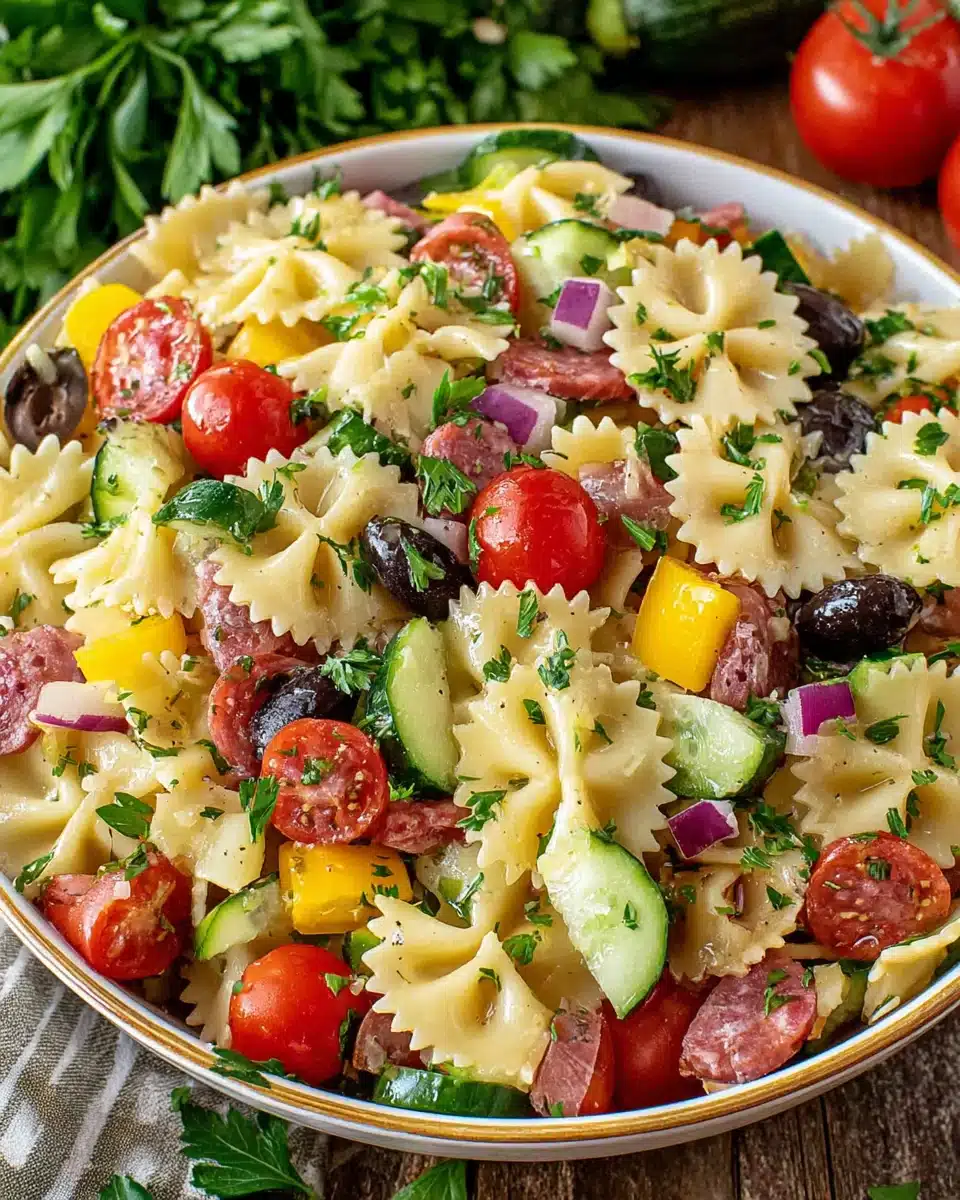 Colorful Italian pasta salad with bow tie pasta, tomatoes, cucumbers, olives, and cheese
