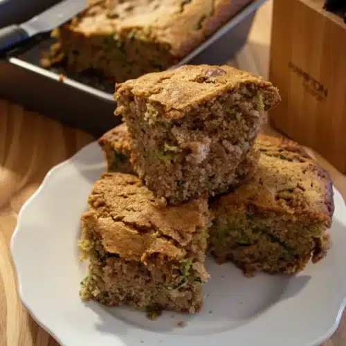 Joanna Gaines zucchini bread slices stacked on a plate with zucchini visible inside