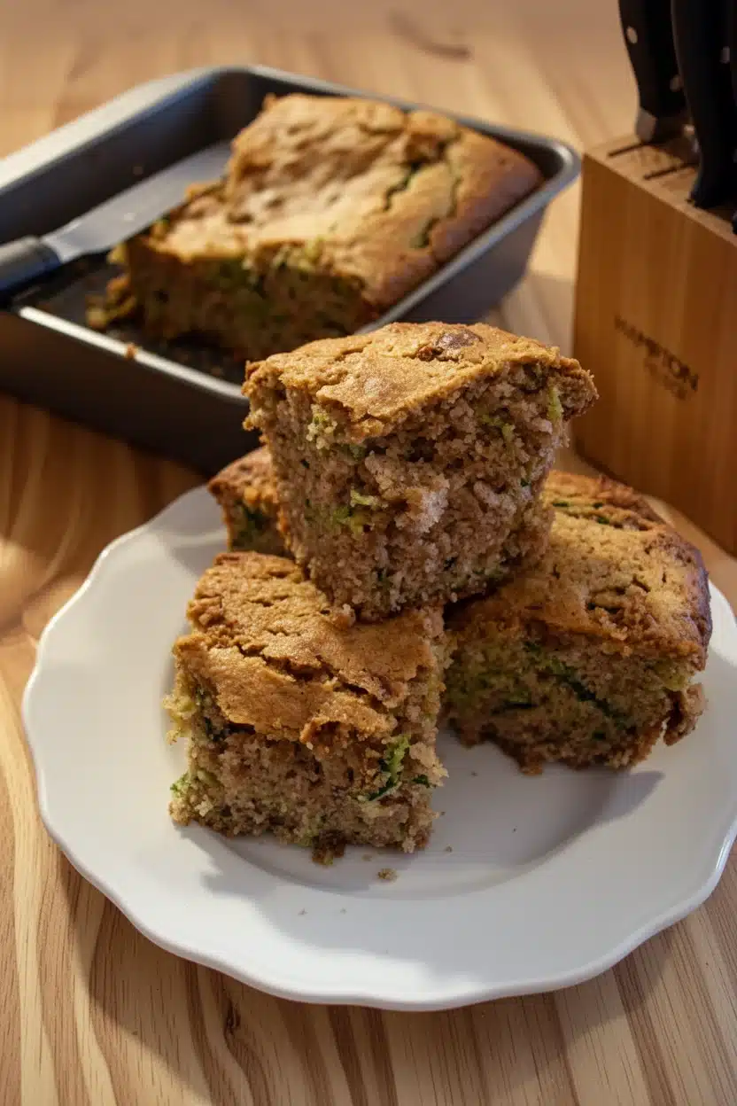 Joanna Gaines zucchini bread slices stacked on a plate with zucchini visible inside