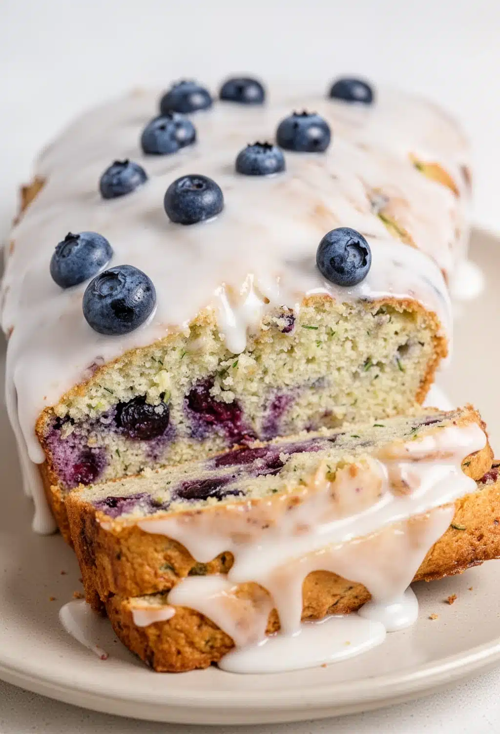 Keto lemon blueberry zucchini bread with glaze and fresh blueberries on wooden board
