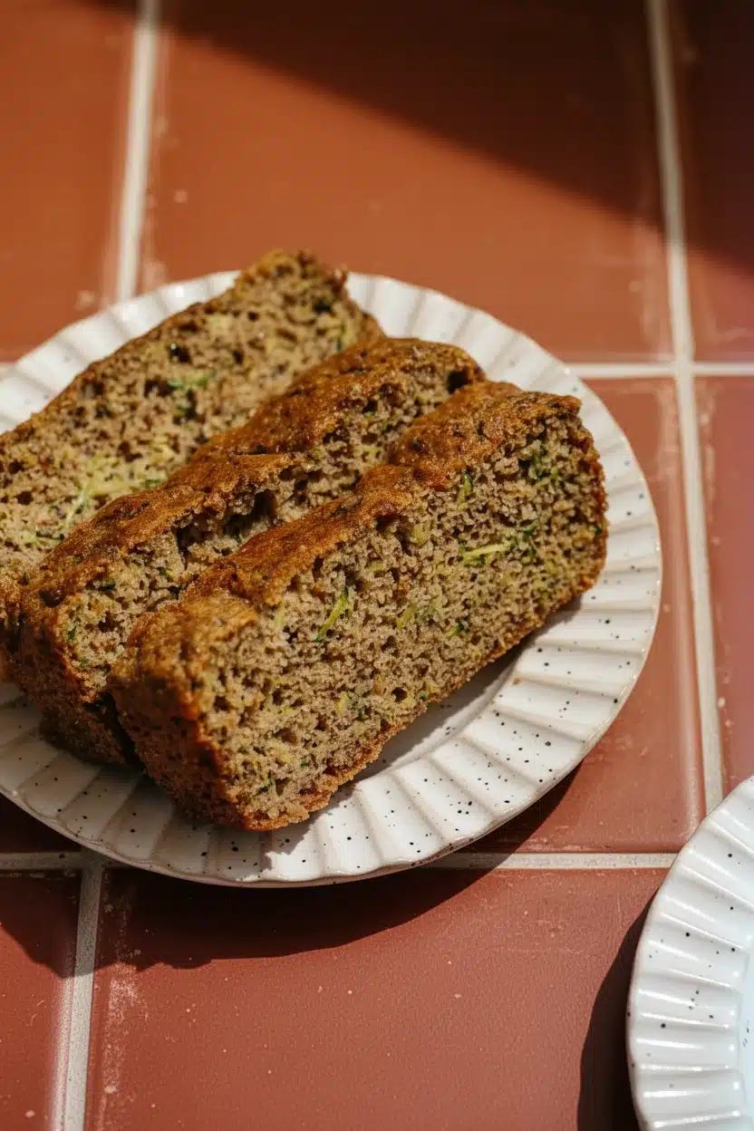 Slices of keto zucchini bread on a white plate with visible zucchini and nuts