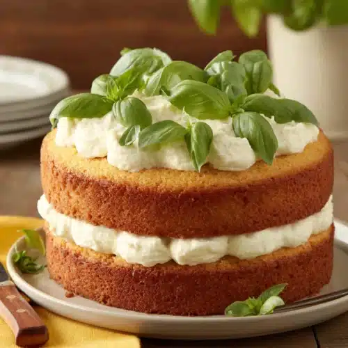 Lemon basil cake with white frosting and fresh basil garnish