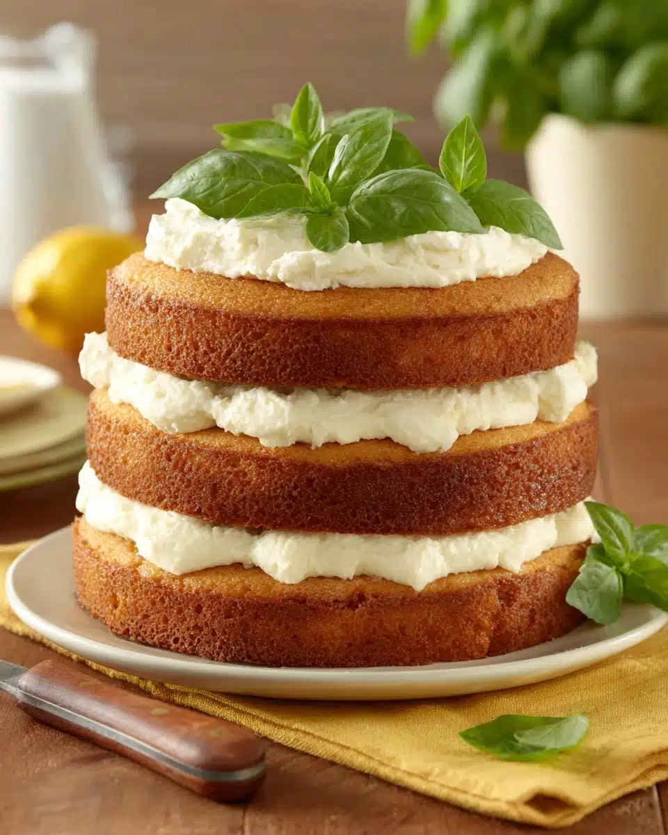 Lemon basil cake with white frosting and fresh basil garnish
