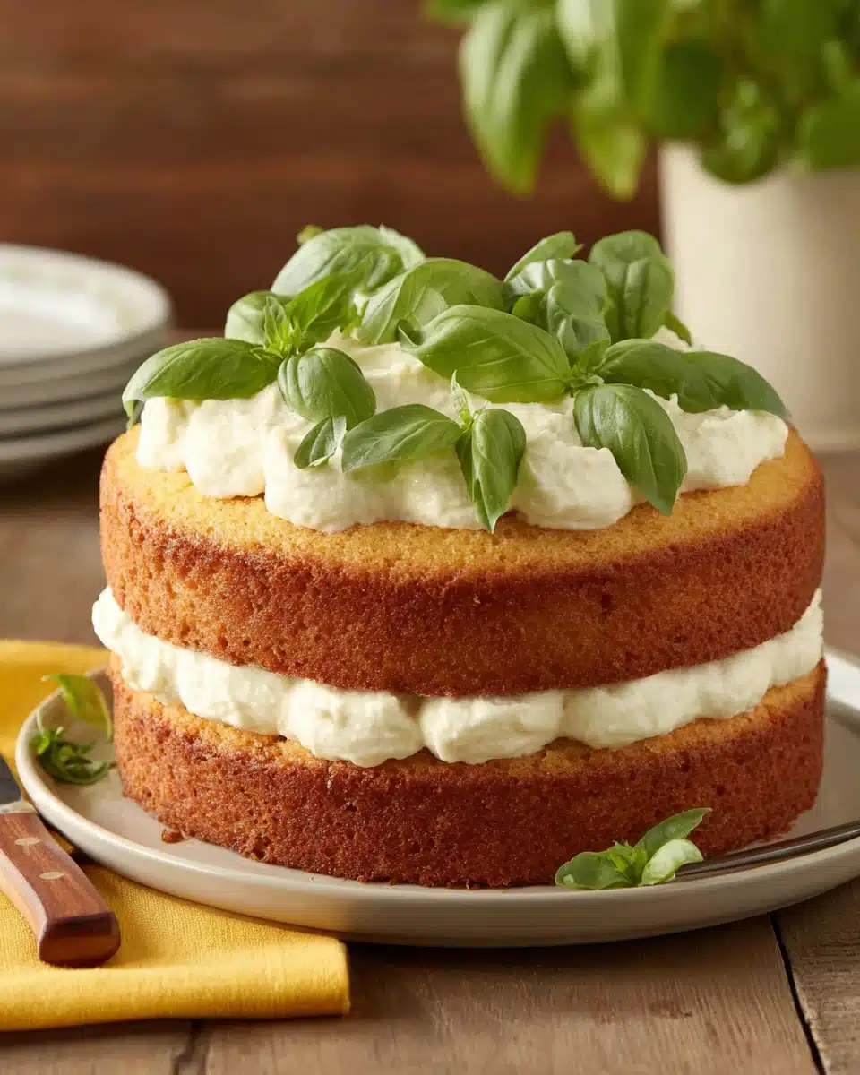 Lemon basil cake with white frosting and fresh basil garnish