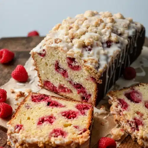 Lemon raspberry loaf cake with streusel, sliced and drizzled with glaze, fresh raspberries scattered around