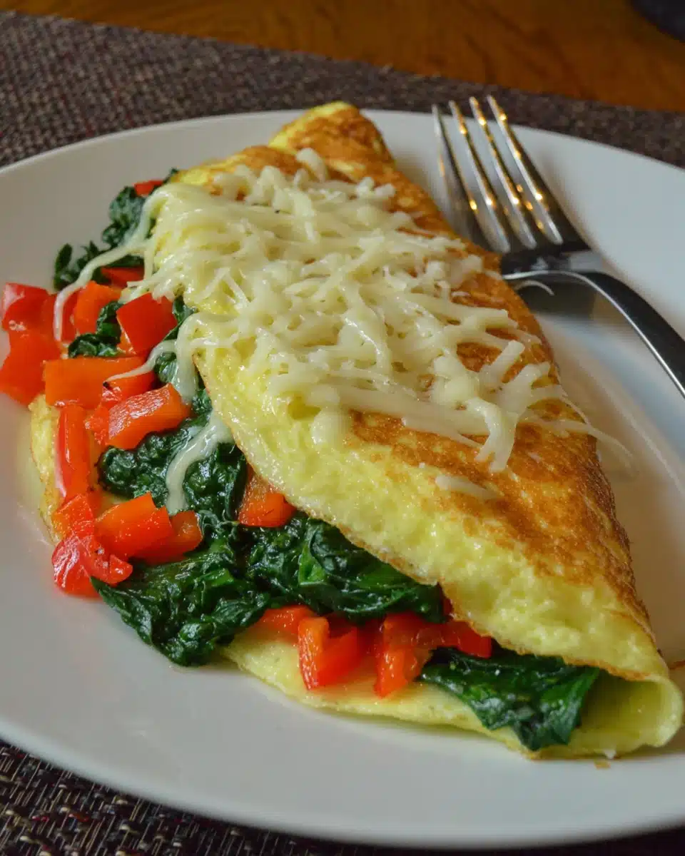 Low carb spinach and cheese omelette with melted cheese and vegetables on a plate