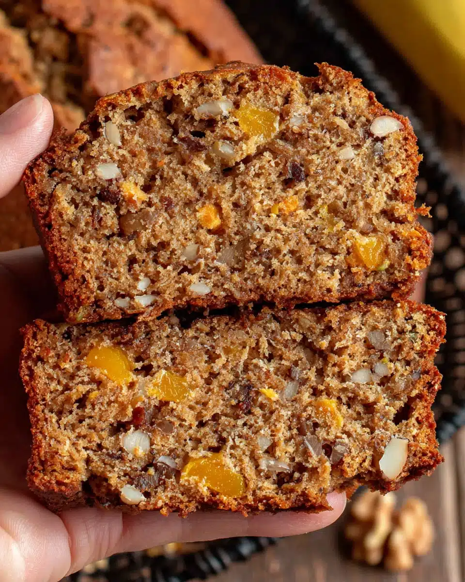 Moist mango bread slice with visible mango chunks, coconut, and walnuts, held in hand