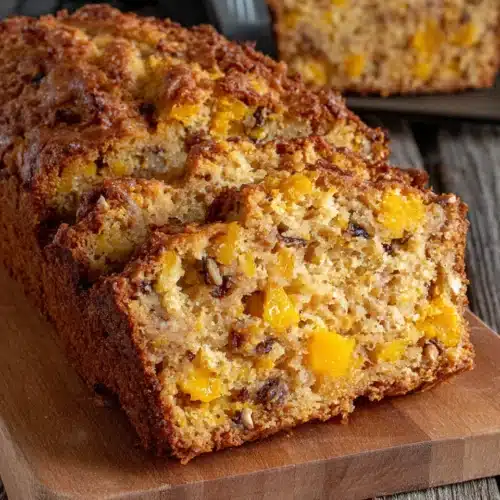 Tasty mango bread recipe with juicy mango, coconut, and walnuts in a loaf pan