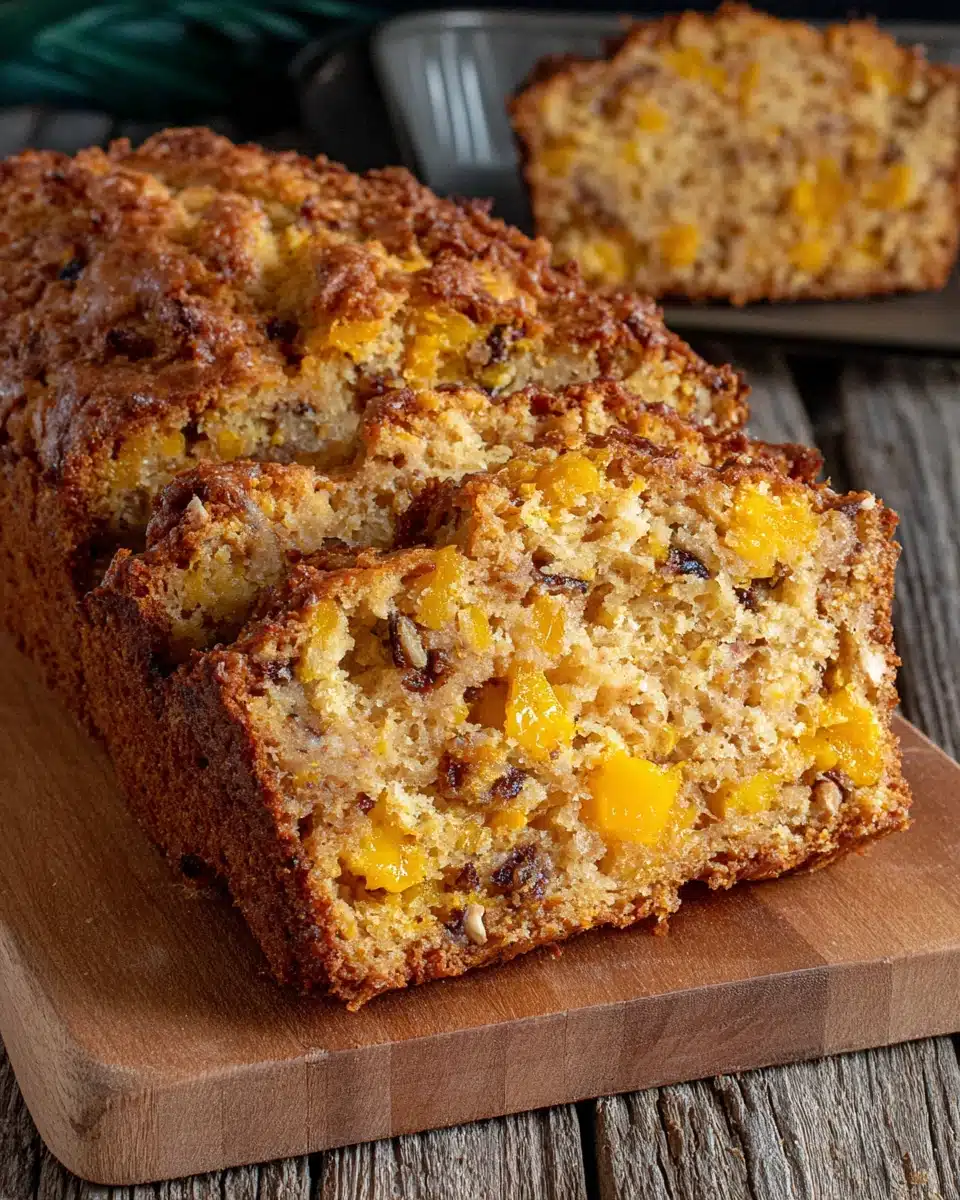 Tasty mango bread recipe with juicy mango, coconut, and walnuts in a loaf pan