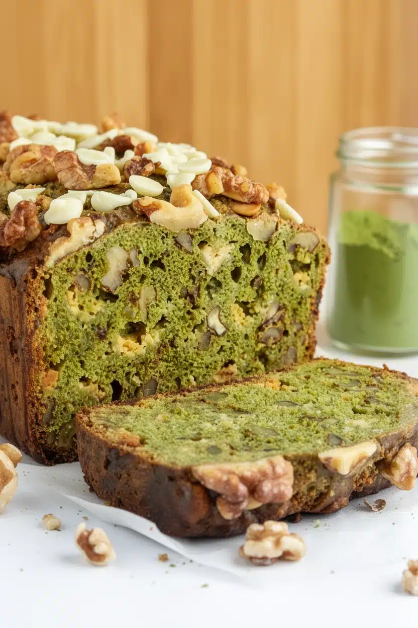 Moist matcha banana bread with white chocolate chips and walnuts, sliced and ready to serve.