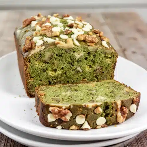 Moist matcha banana bread with white chocolate chips and walnuts, sliced and garnished