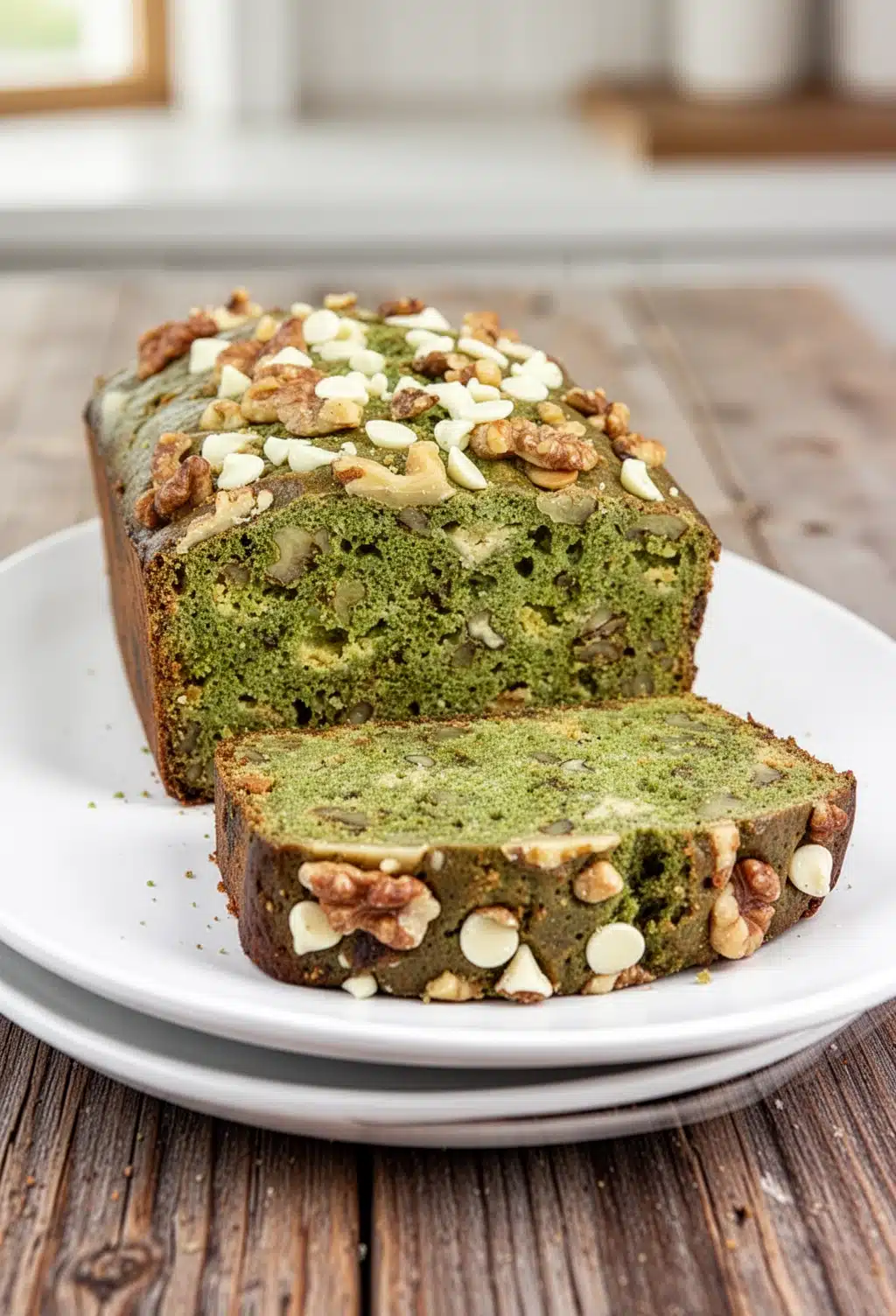 Moist matcha banana bread with white chocolate chips and walnuts, sliced and garnished