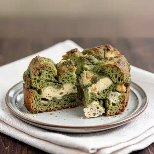Vibrant green matcha bread pudding slice on a plate with fork, served on rustic table