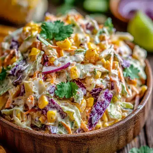 Mexican street corn coleslaw with colorful cabbage, corn, and cilantro in a wooden bowl