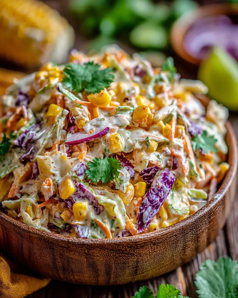 Mexican street corn coleslaw with colorful cabbage, corn, and cilantro in a wooden bowl