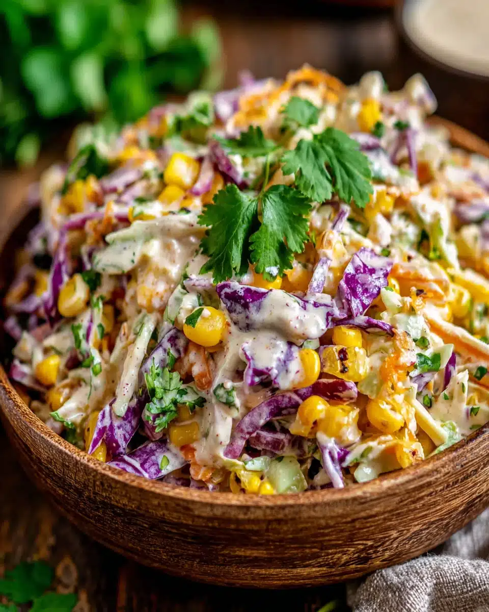 Mexican street corn coleslaw with corn, cabbage, cilantro, and creamy dressing in a wooden bowl