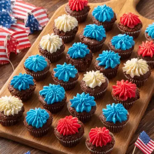 Mini brownie bites with red, white, and blue frosting on a wooden board with American flags