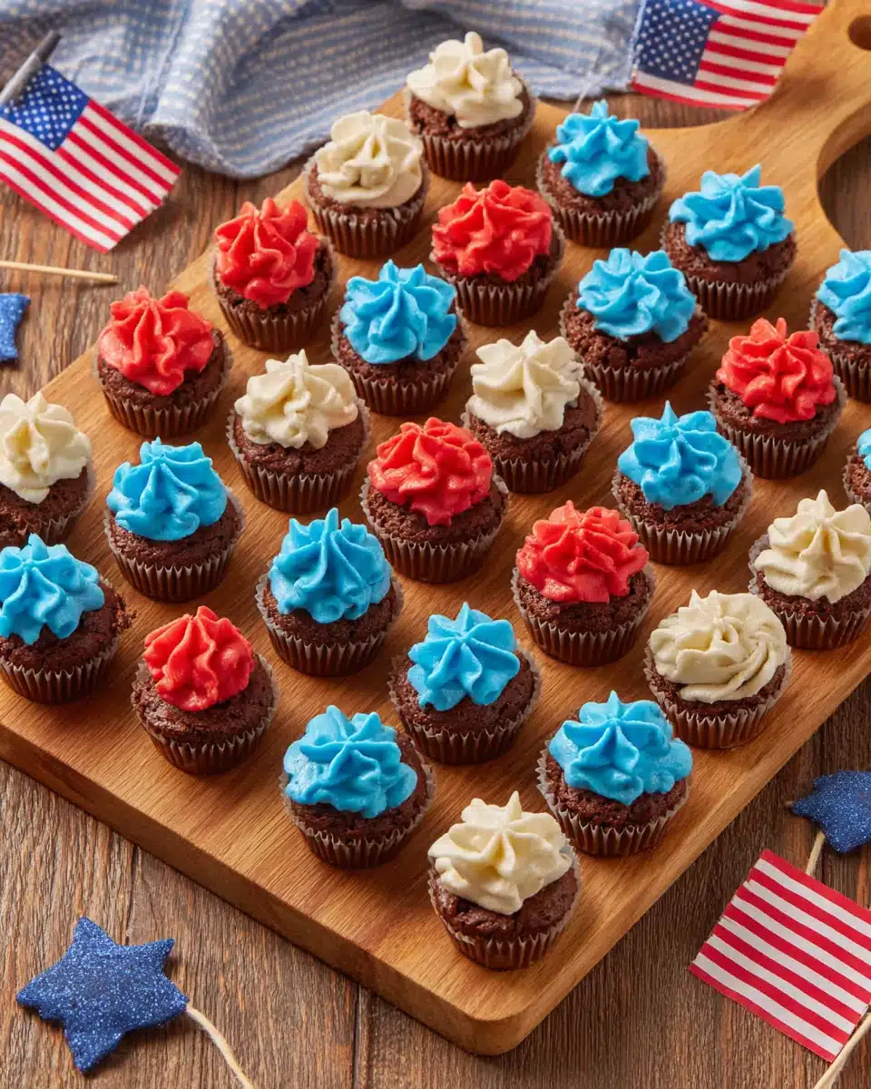 Mini brownie bites with red, white, and blue frosting arranged on a wooden board with American flags