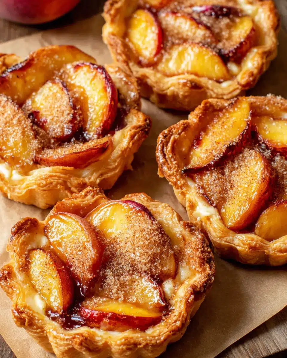 Mini peach and cream cheese tarts with flaky crust and fresh peach topping