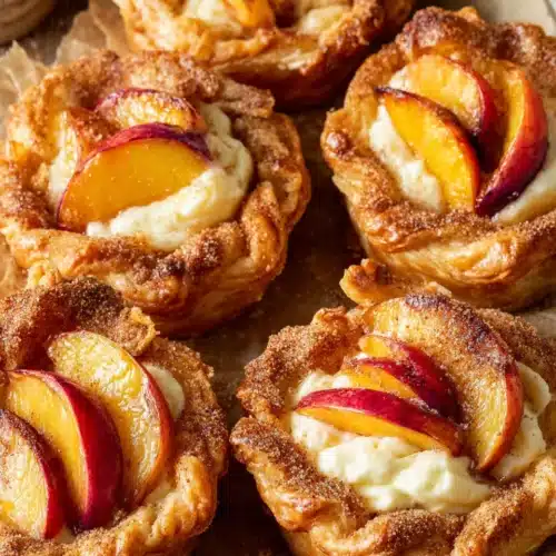Mini peach and cream cheese tarts with flaky crust and fresh peach topping