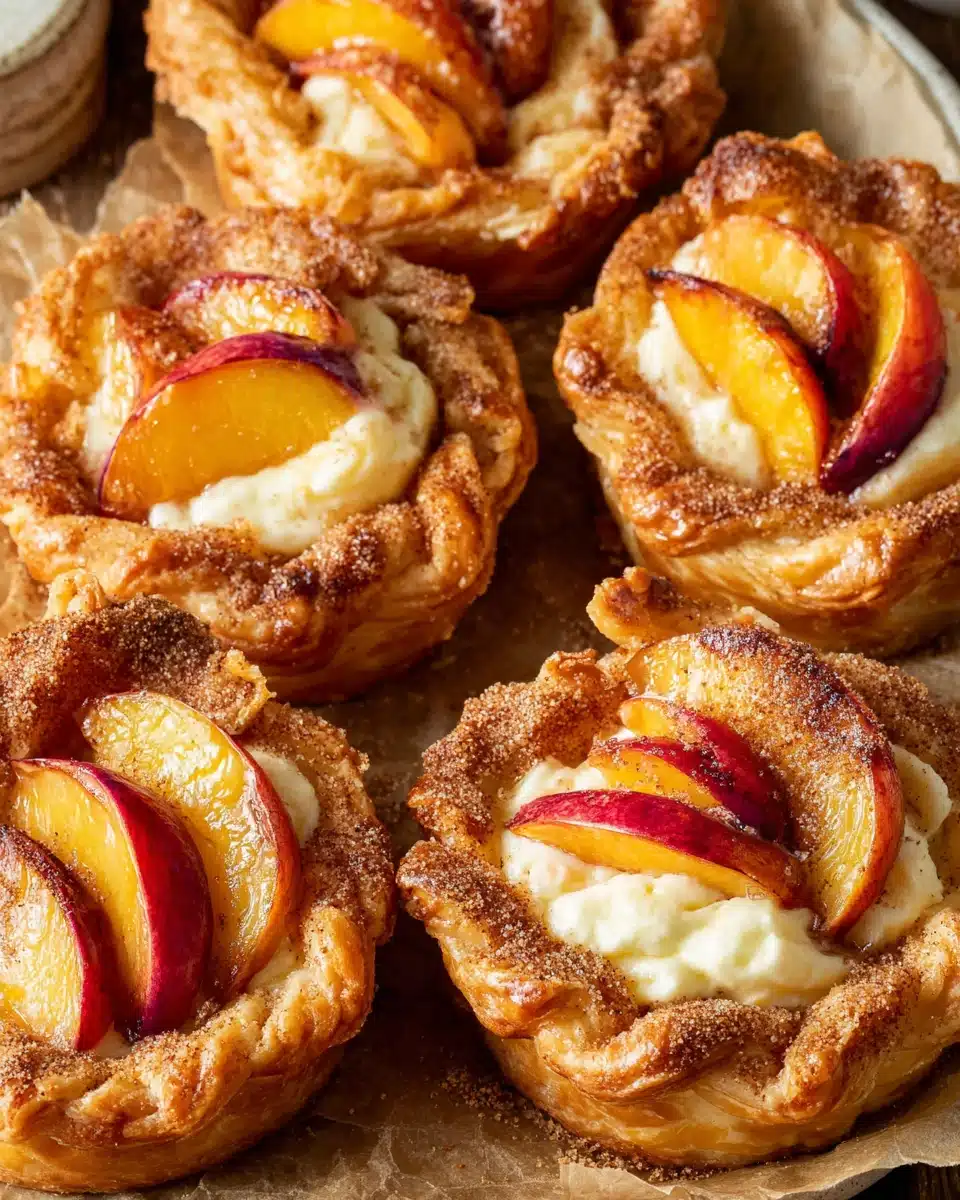 Mini peach and cream cheese tarts with flaky crust and fresh peach topping