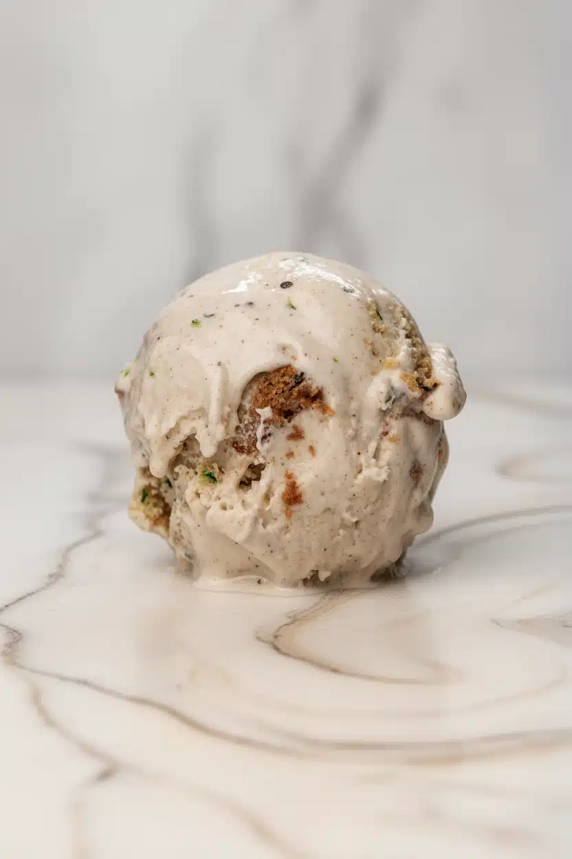 Moist spiced zucchini bread ice cream swirl with crumbles, creamy texture, white marble background
