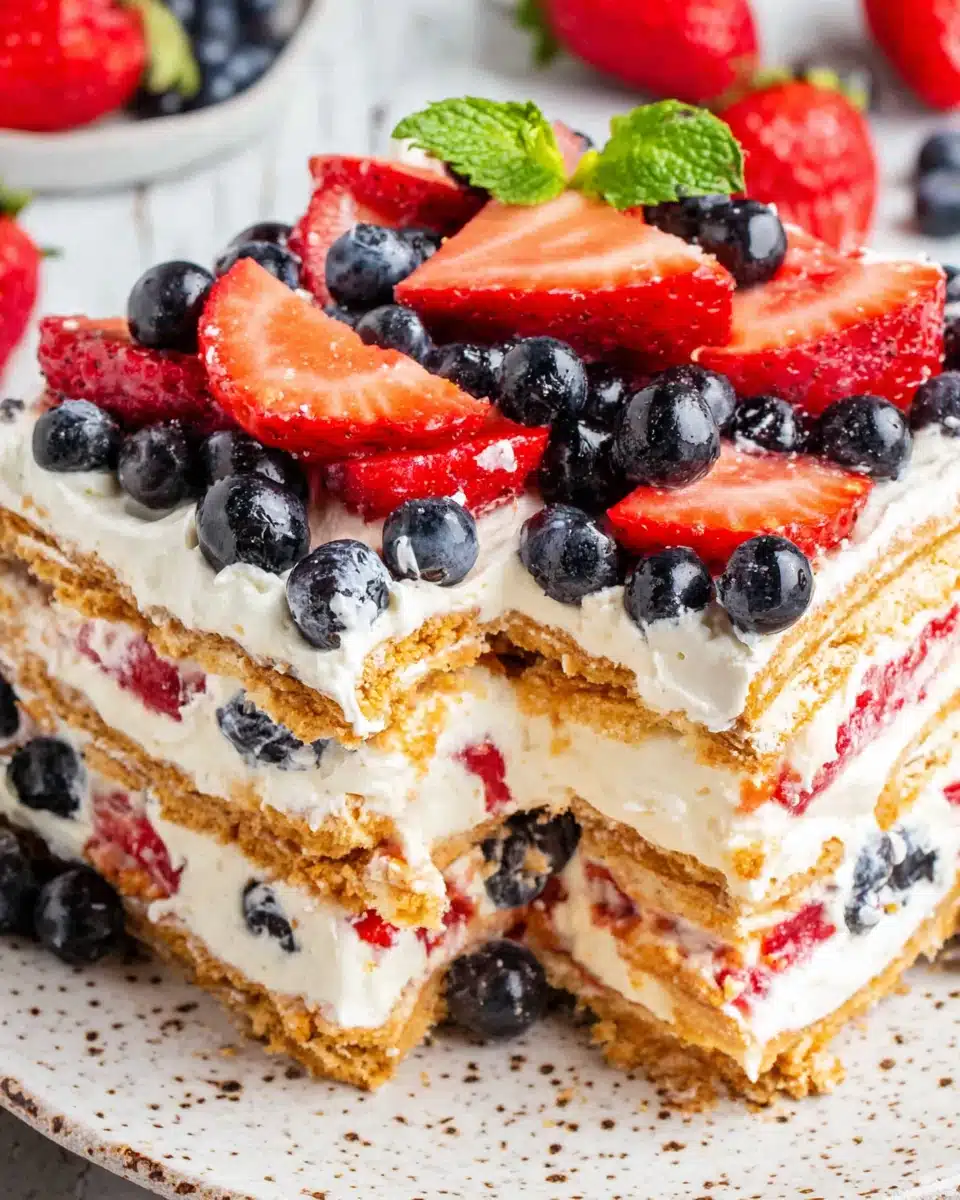 No bake berry icebox cake with layers of graham crackers, cream, strawberries, and blueberries