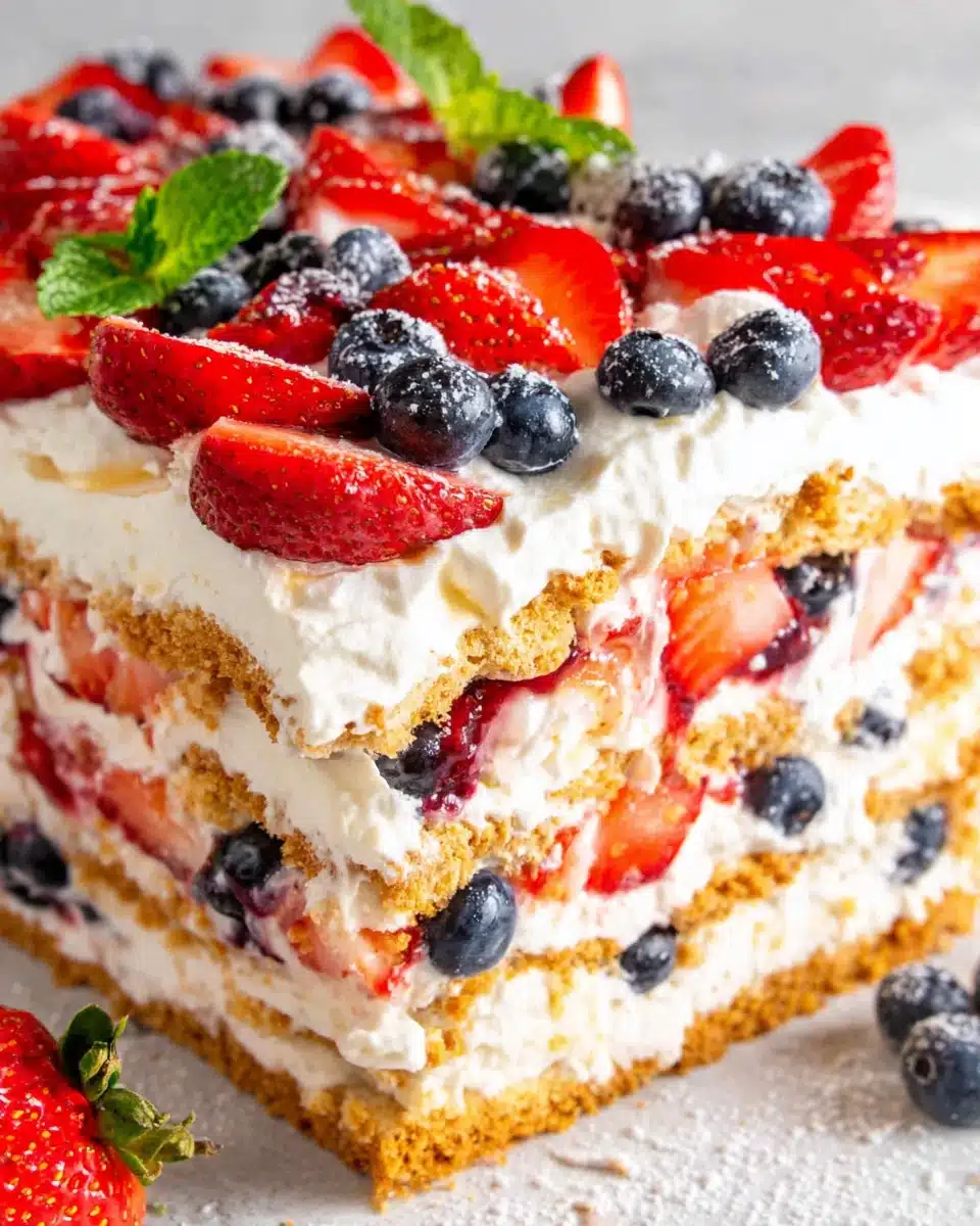 No bake berry icebox cake with layers of graham crackers, cream, strawberries, and blueberries