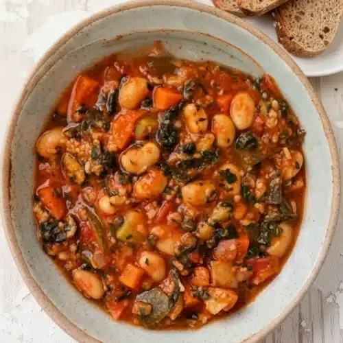 Nourishing butter bean stew in a bowl with vegetables and crusty bread