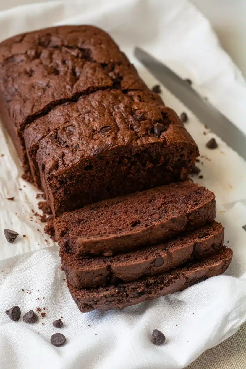 One Bowl Chocolate Zucchini Bread with Chocolate Chips One bowl chocolate zucchini bread with chocolate chips, sliced and served on a white cloth
