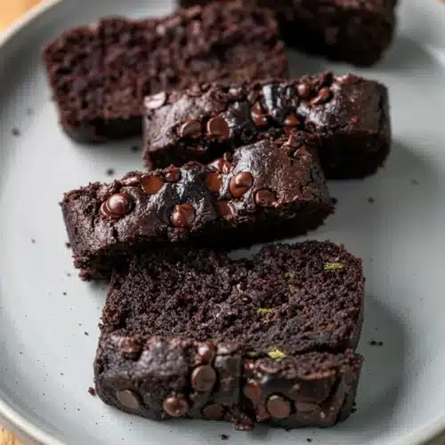 Slices of one bowl gluten free chocolate zucchini bread with chocolate chips on marble