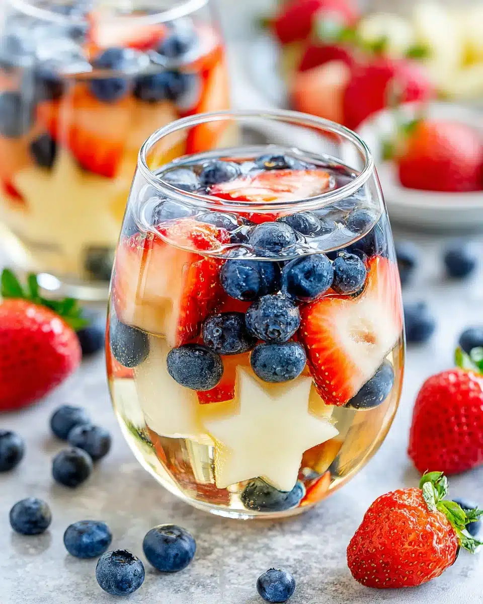 Patriotic Sangria with Red, White, and Blue Fruits Patriotic sangria with strawberries, blueberries, and star-shaped melon in a glass