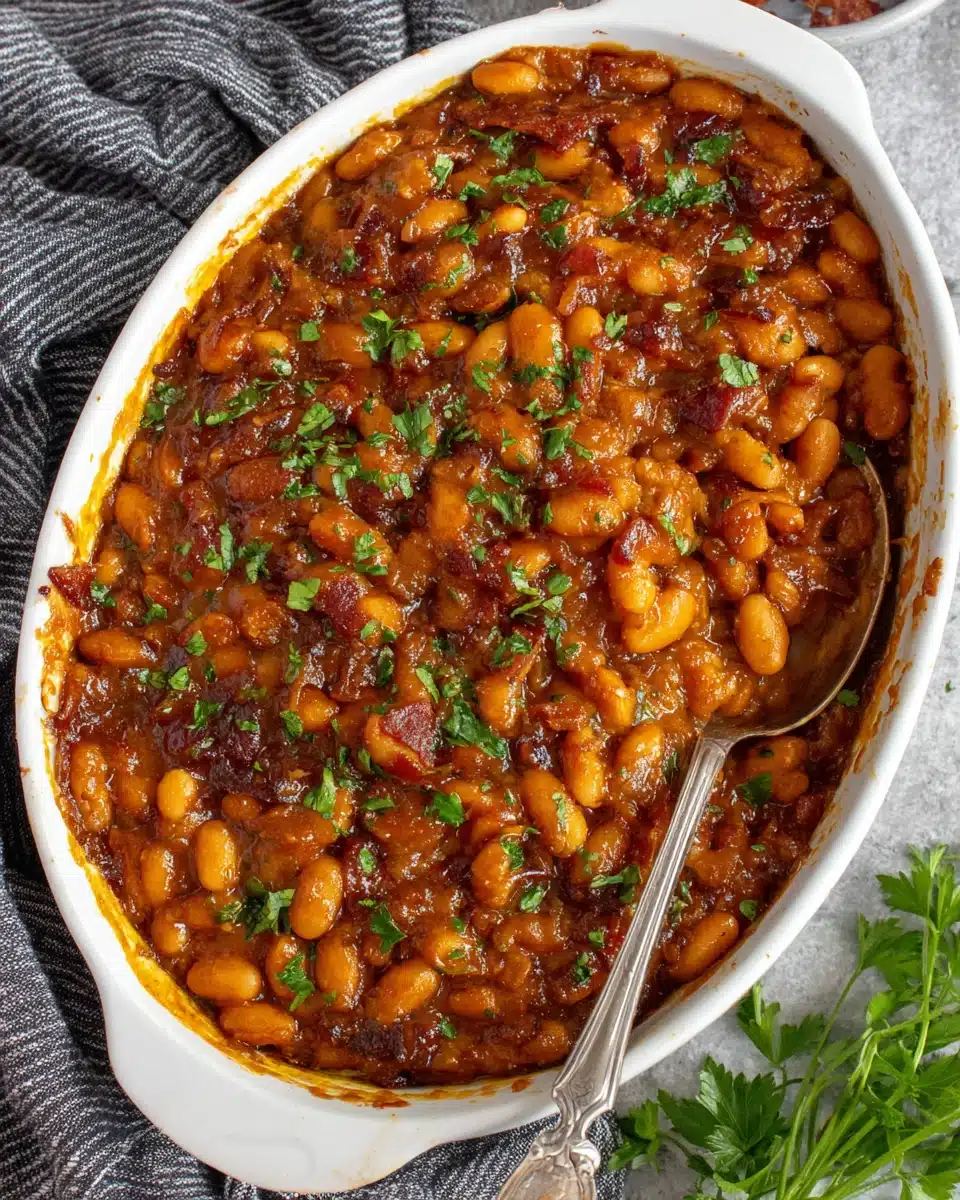 Paula Deen baked beans in a white dish with spoon and parsley garnish