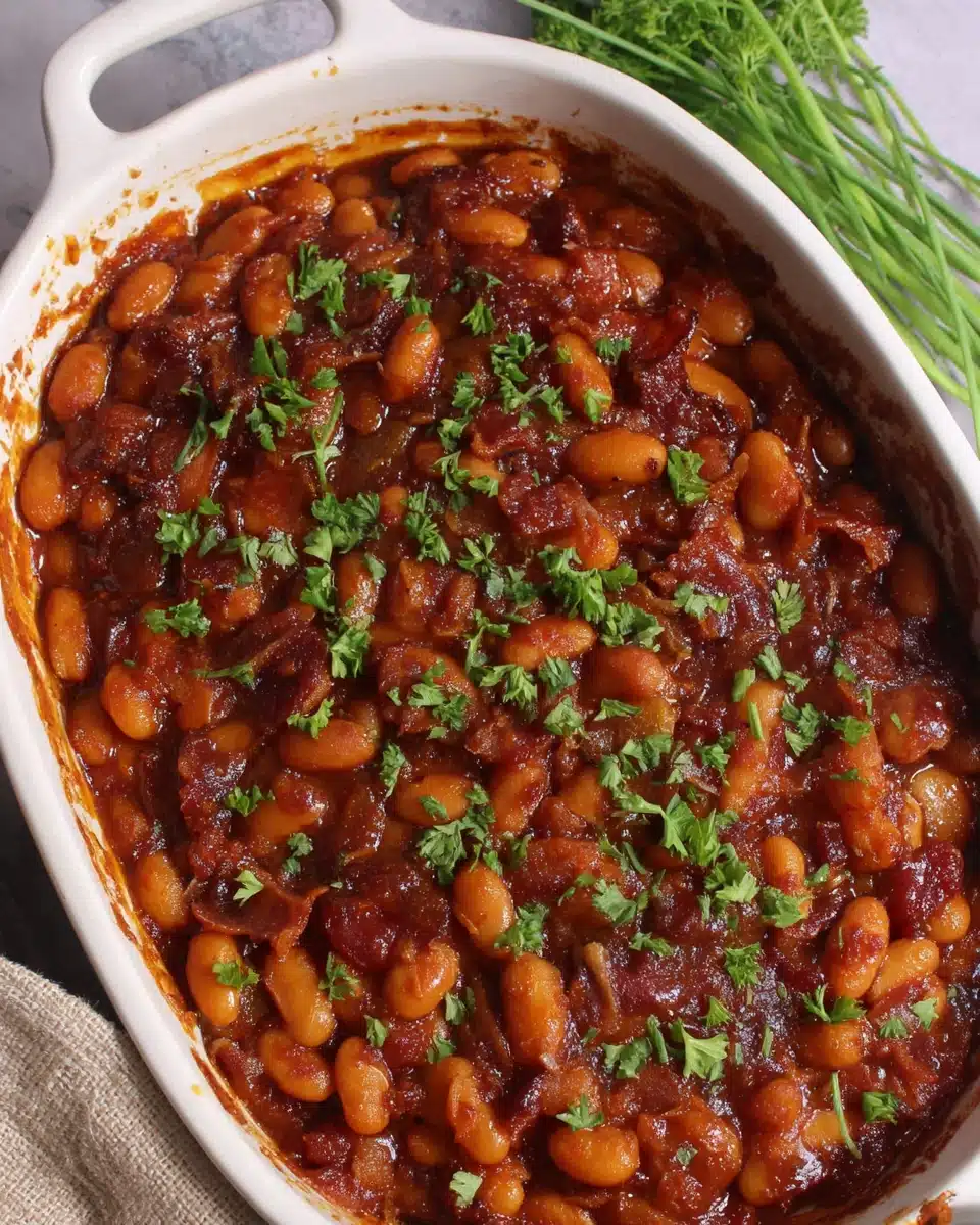 Paula Deen baked beans in a white dish with bacon and herbs