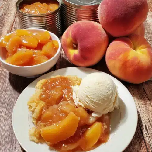 Peach cobbler with canned peaches served with ice cream, fresh peaches, and a can of peaches