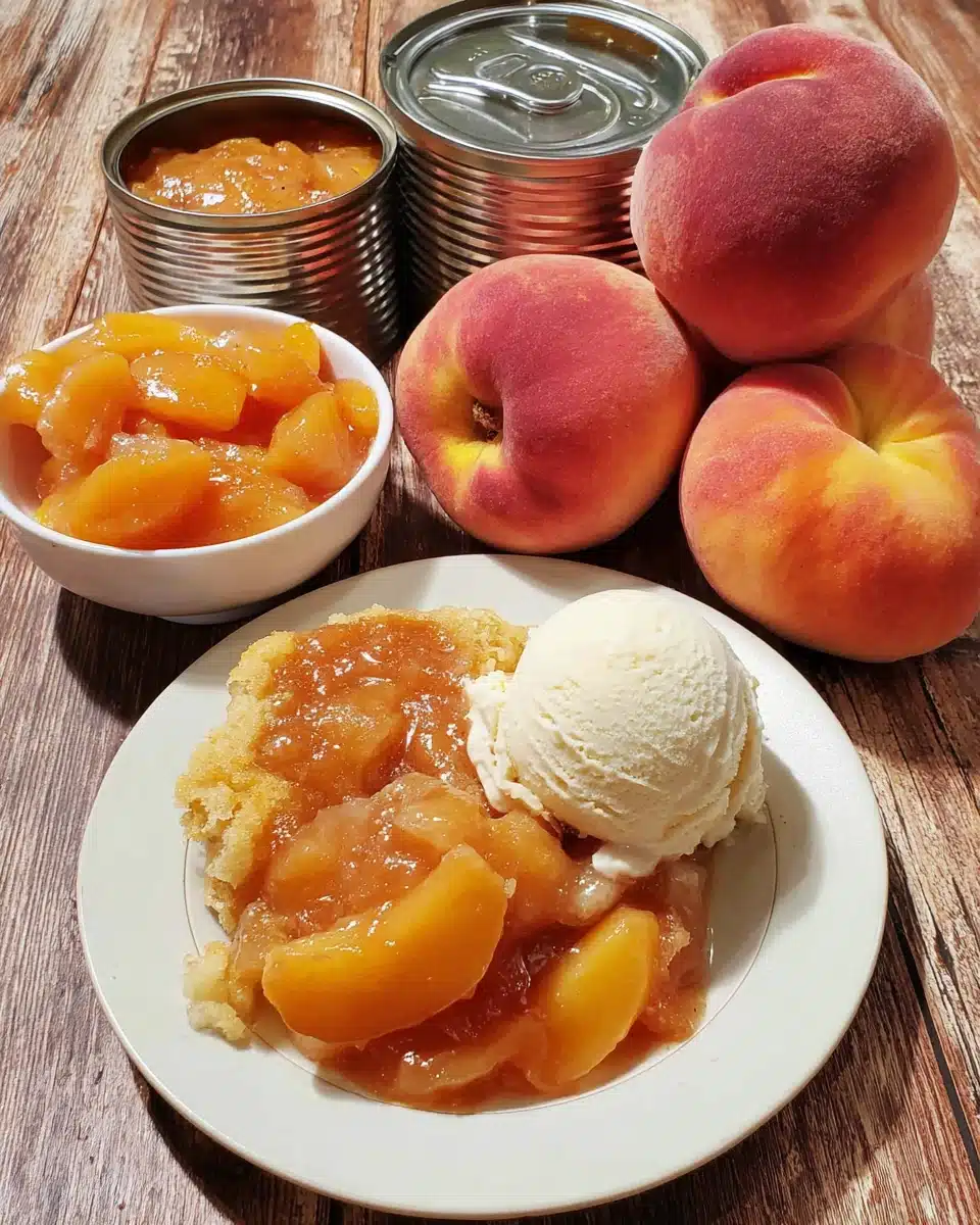 Peach cobbler with canned peaches served with ice cream, fresh peaches, and a can of peaches