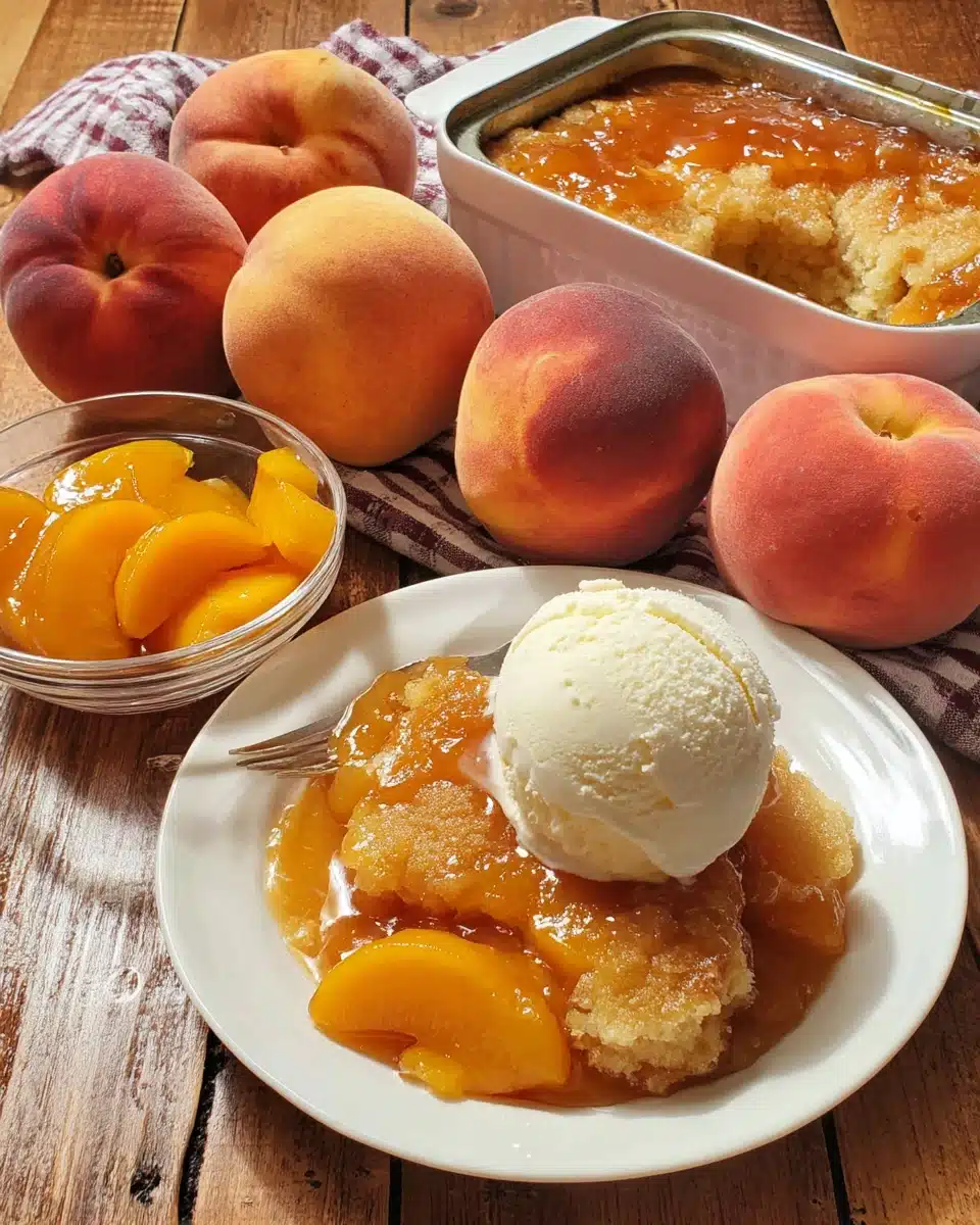 Peach cobbler with canned peaches topped with vanilla ice cream, fresh peaches, and an open can nearby