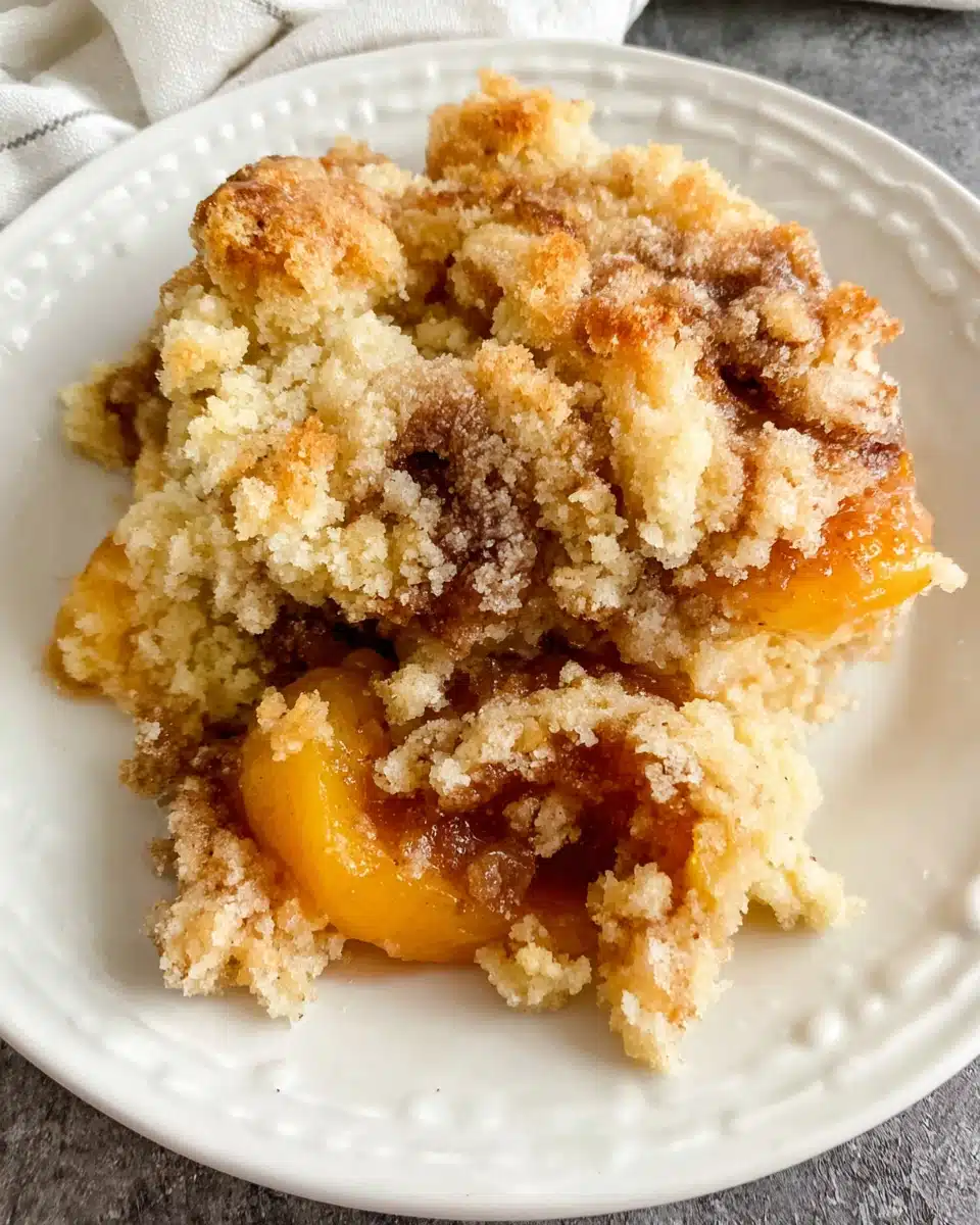 Peach cobbler with frozen peaches and cake mix on a white plate