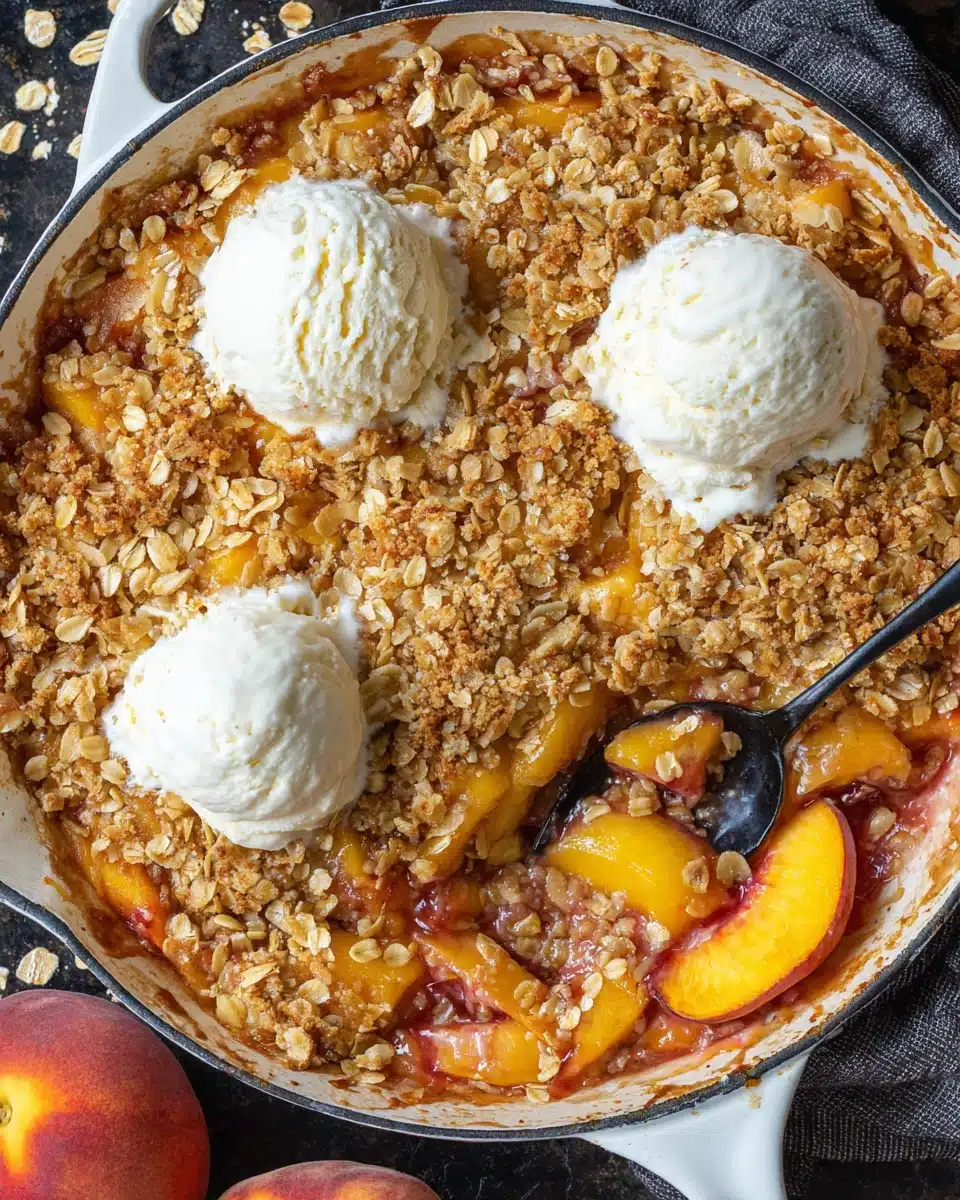 Fresh Peach Crisp Recipe with Vanilla Ice Cream Peach crisp with fresh peaches and vanilla ice cream in a cast iron skillet