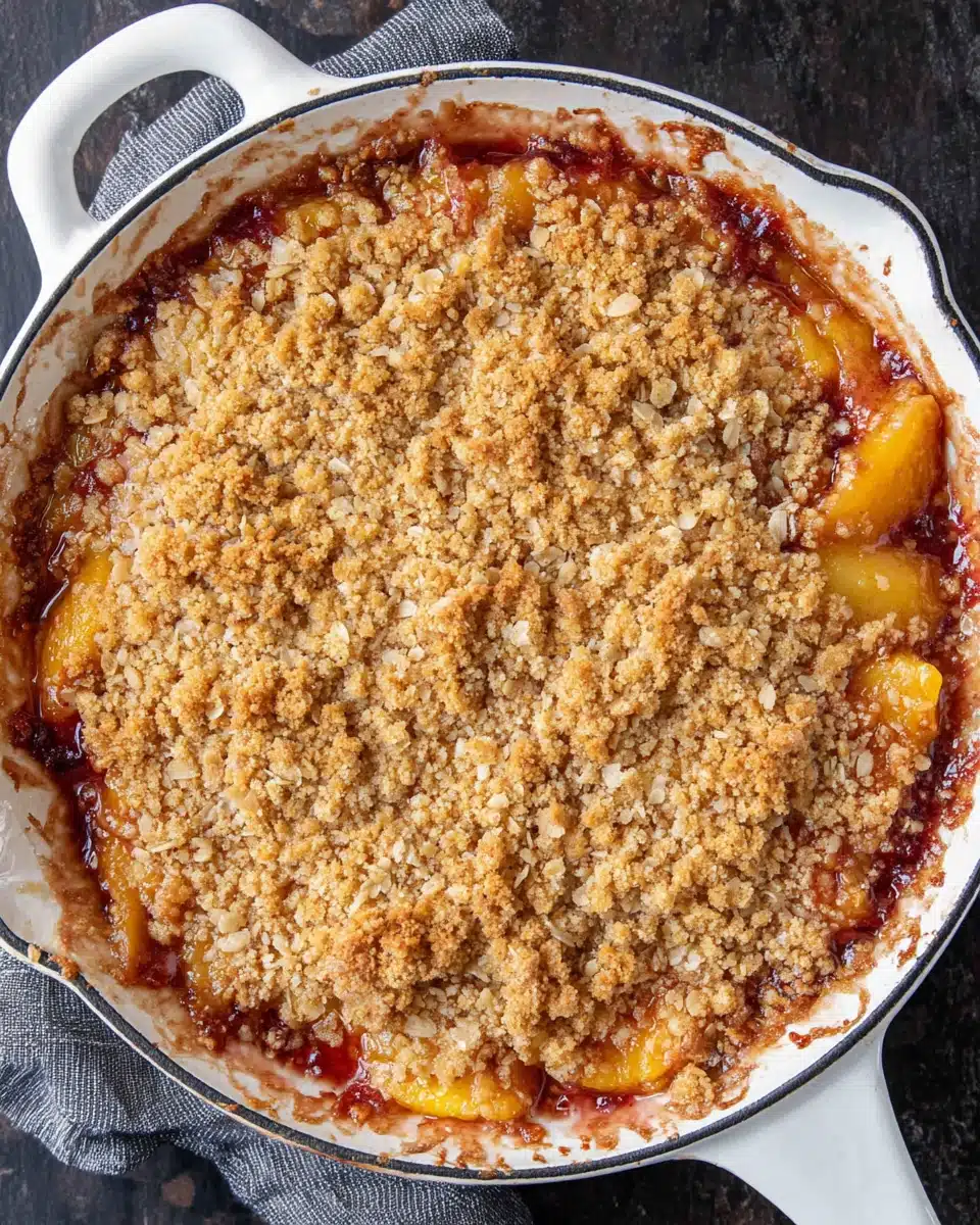 Peach Crisp Recipe with Fresh Peaches Fresh peach crisp with golden oat topping in a cast iron skillet