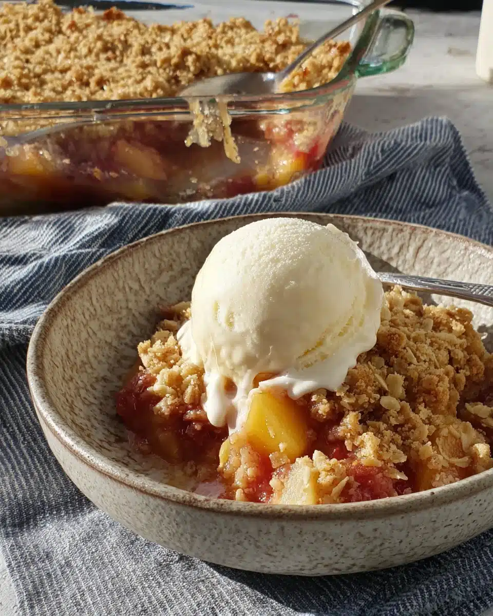 Peach Crumble Crisp with Vanilla Ice Cream Peach crumble crisp with vanilla ice cream on a textured plate