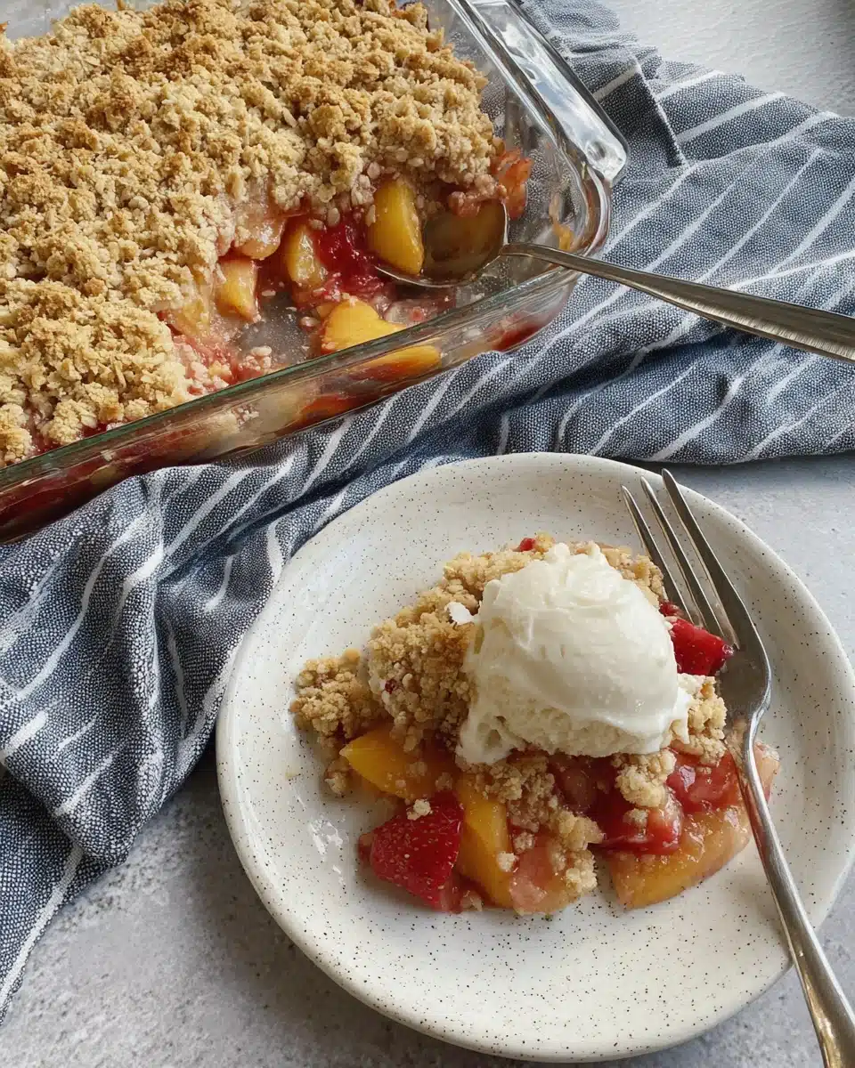 Peach Crumble Crisp with Vanilla Ice Cream Peach crumble crisp with vanilla ice cream on a plate, golden crumble topping, juicy fruit filling.