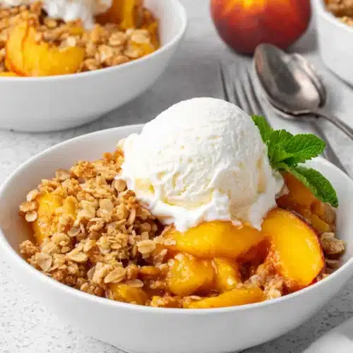 Peach crumble pie no crust with vanilla ice cream on a white plate