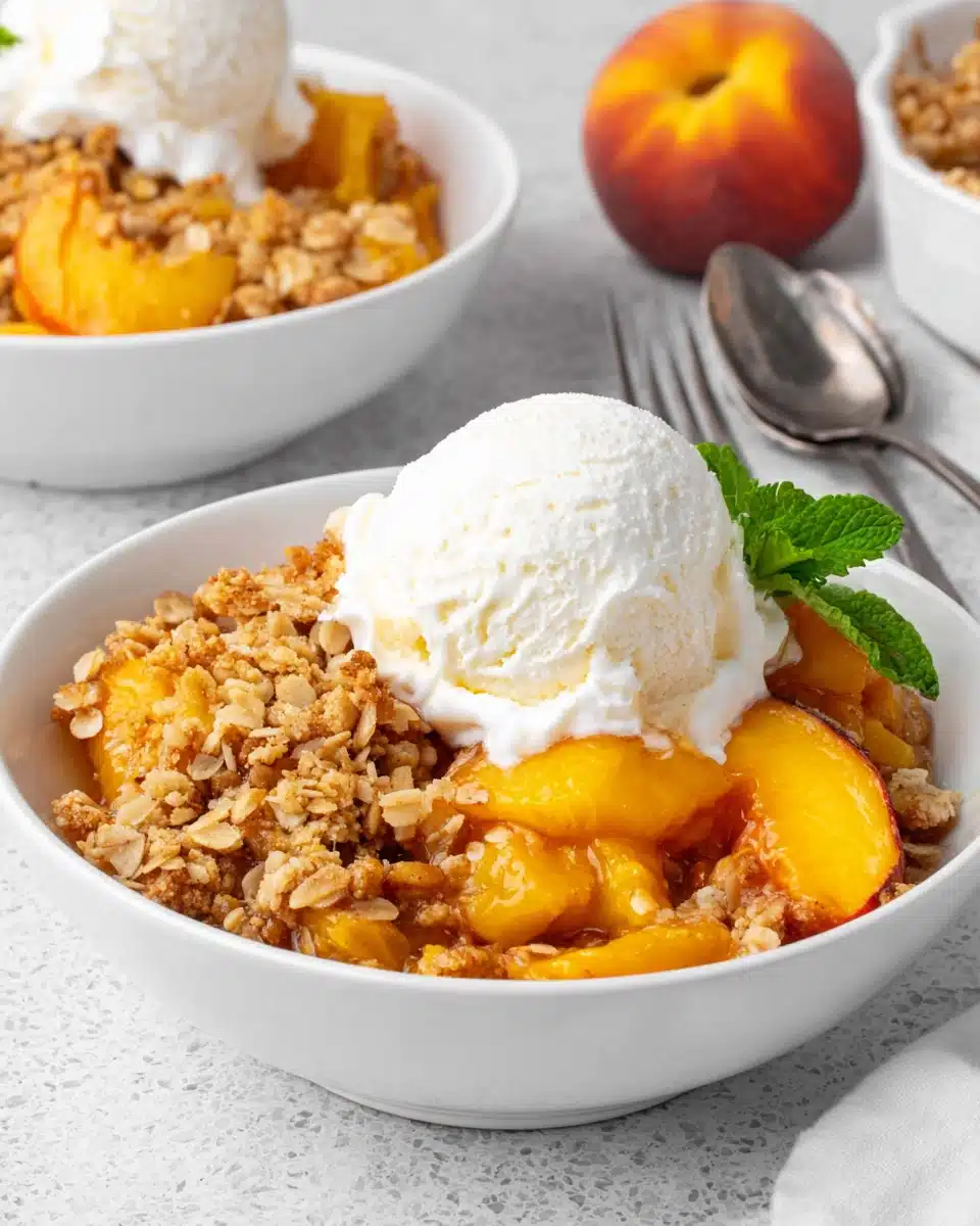 Peach crumble pie no crust with vanilla ice cream on a white plate