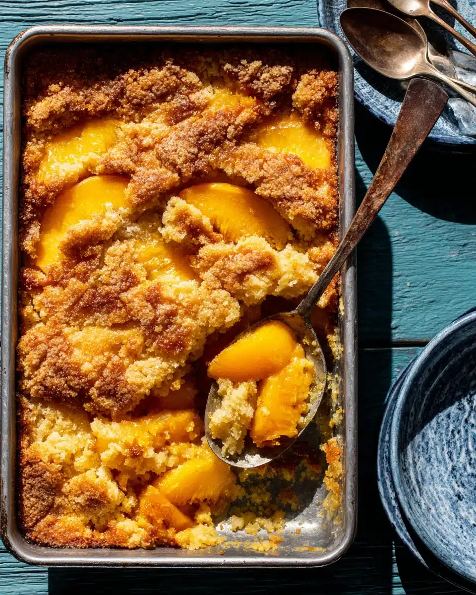 Peach dump cake is the low effort dessert with golden crispy topping and juicy peaches