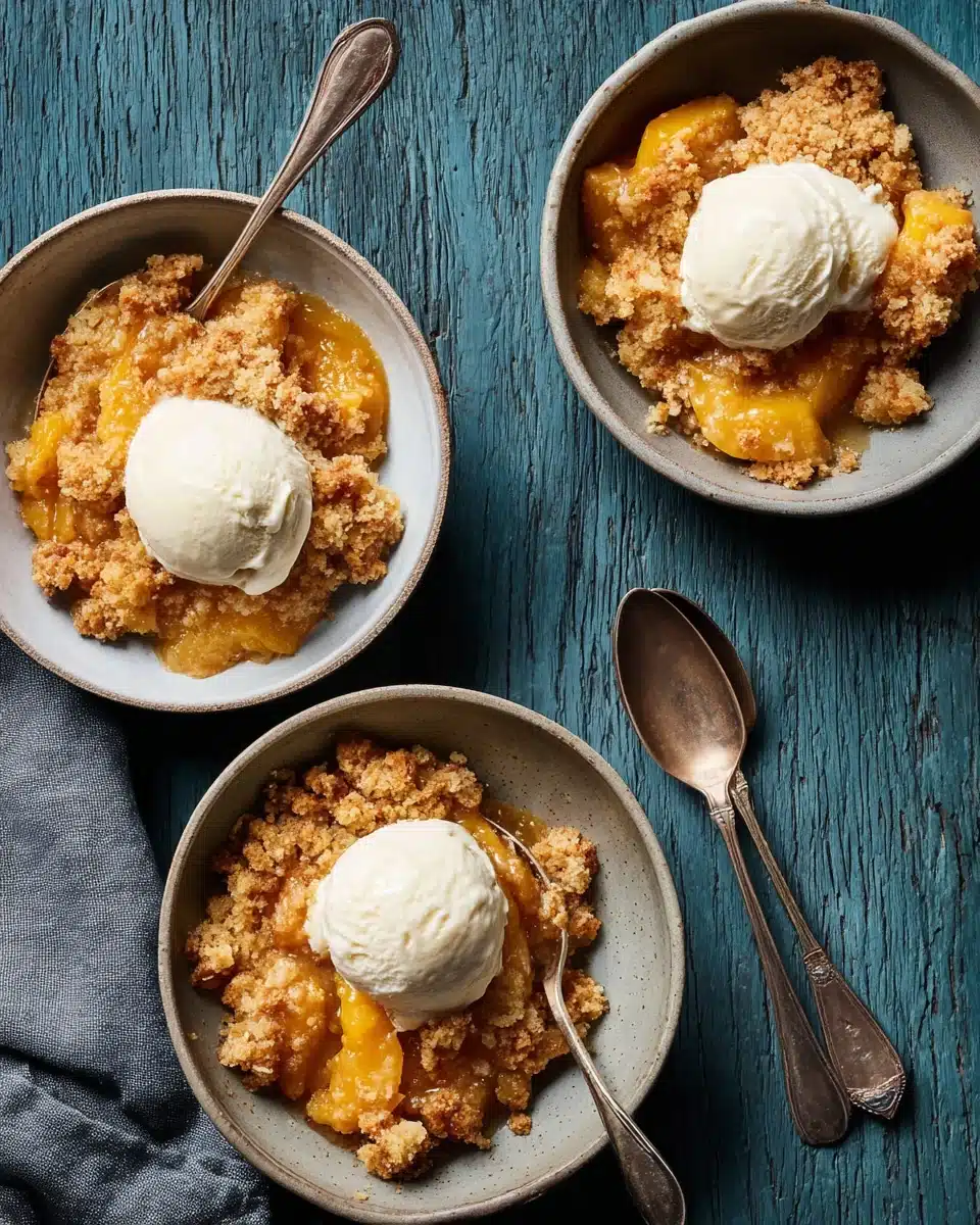 Peach dump cake served in bowls with vanilla ice cream, rustic table setting