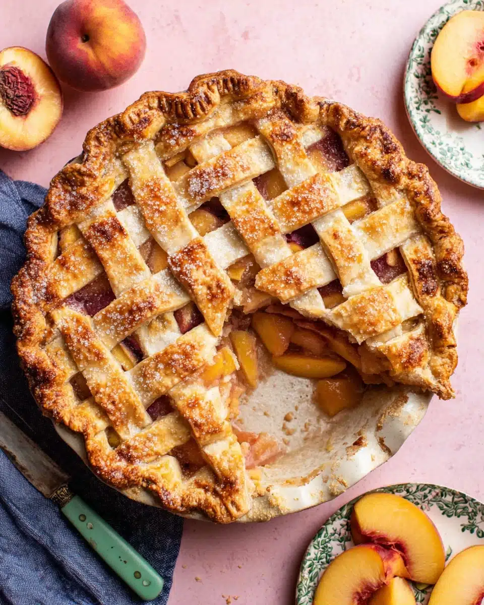 Golden lattice peach pie with fresh peach slices on a pink surface