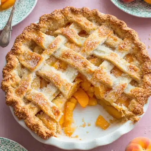 Golden lattice peach pie with juicy filling and coarse sugar topping