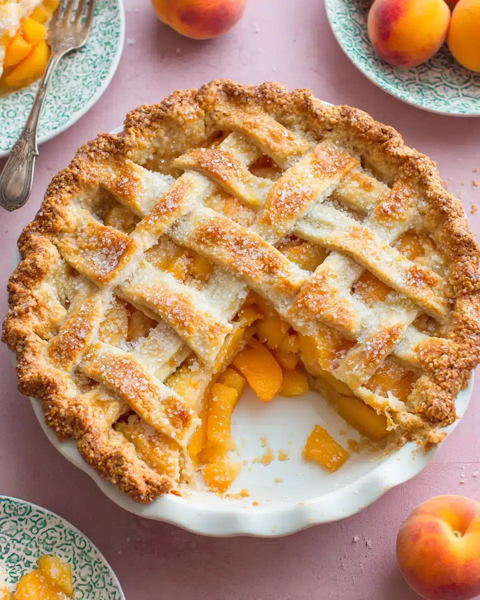 Golden lattice peach pie with juicy filling and coarse sugar topping